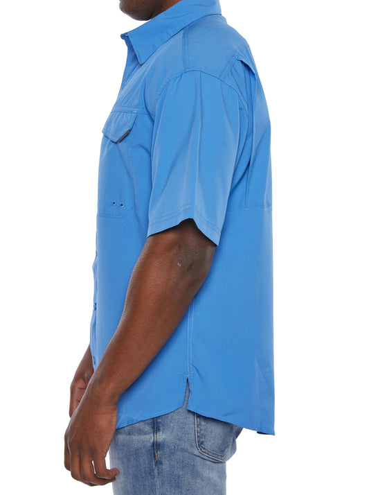 MENS SHORT SLEEVE FISHING SHIRT, Blue Sky with Embroidery